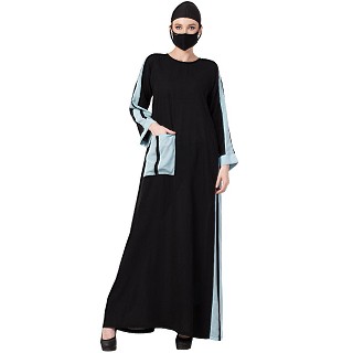 Duel colored dress abaya with Giant Pocket- Black-Sky Blue